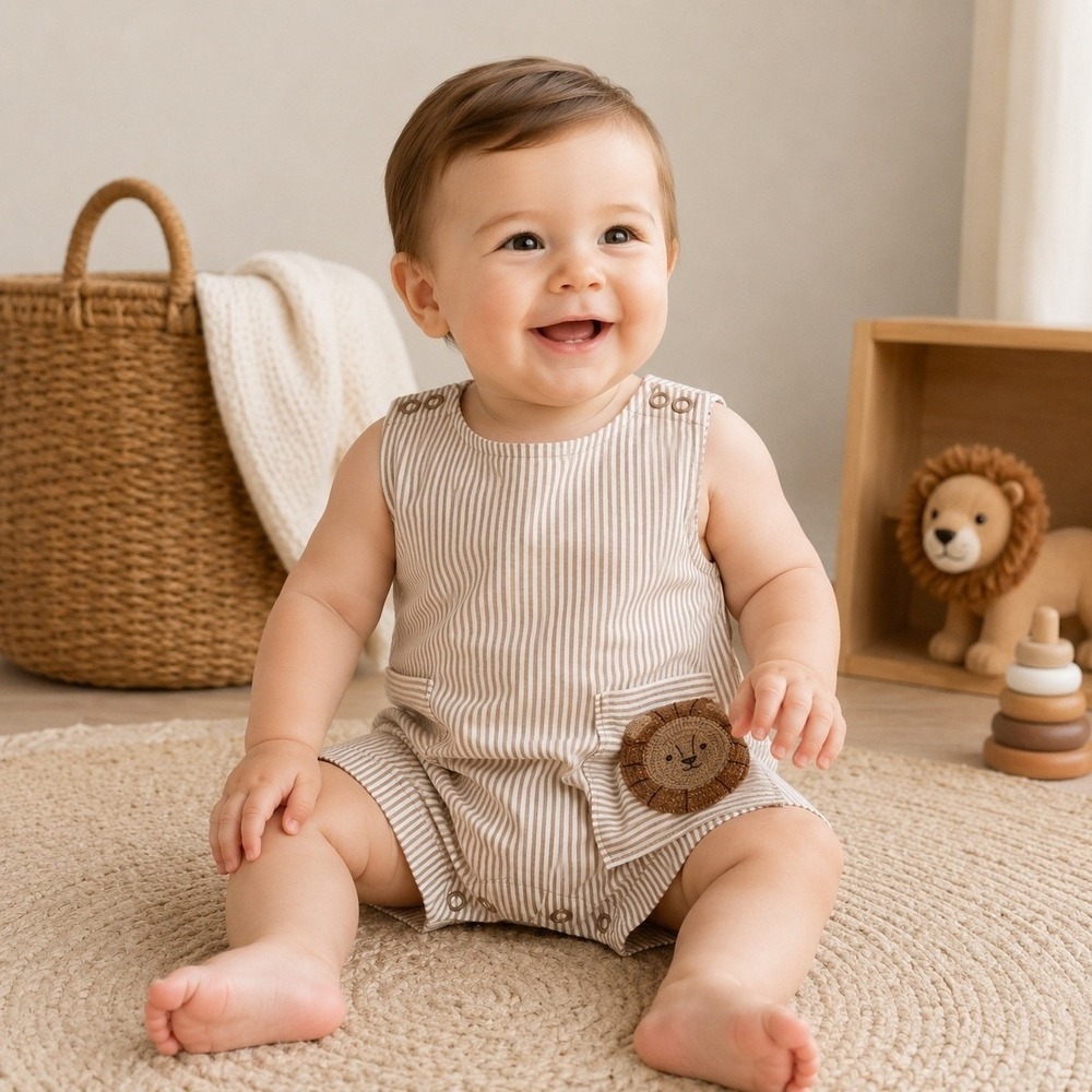 Carters Just One You Baby Boy Tan Striped Lion Romper Size 12M New